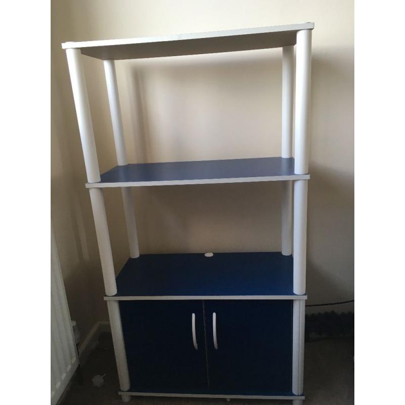 3 x Blue / White Shelves with storage cupboard