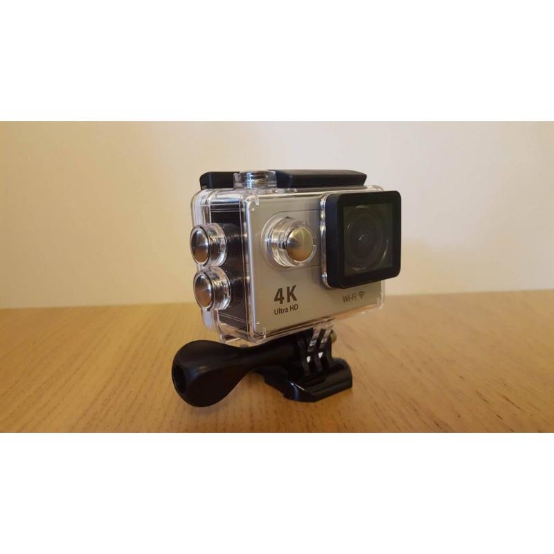 GO PRO STYLE 4K RESOLUTION CAMERA IN BLACK & SILVER + ACCESSORIES