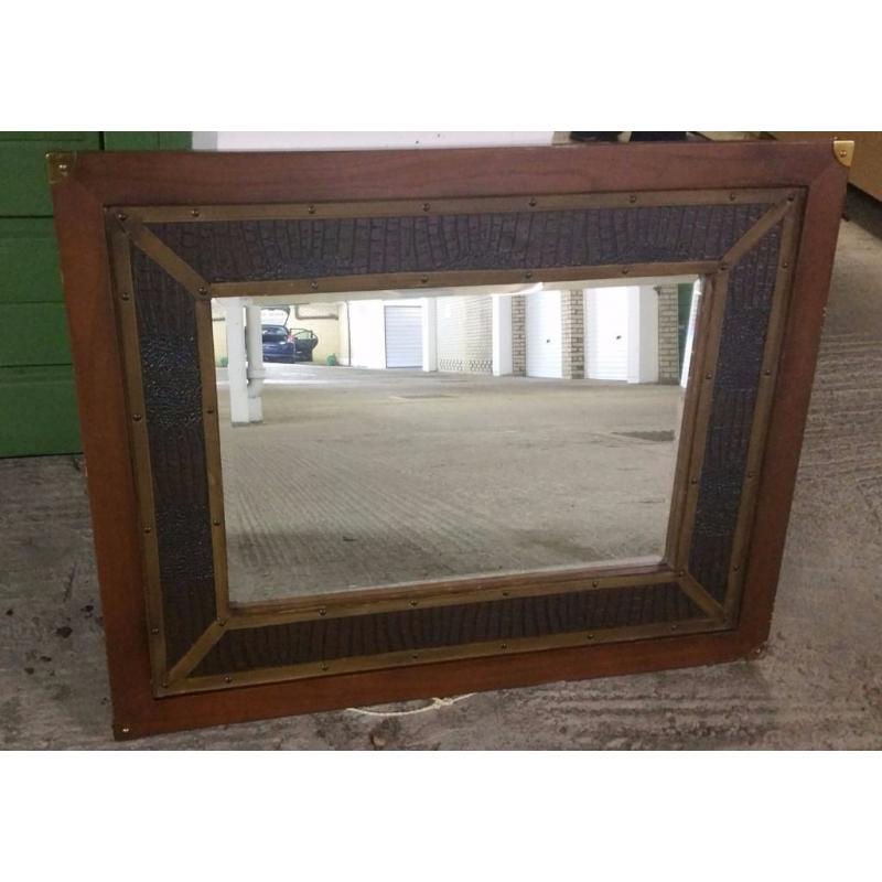 LARGE, HEAVY INDIAN / ORIENTAL STYLE FIREPLACE MIRROR WITH BRASS & LEATHER TRIMS