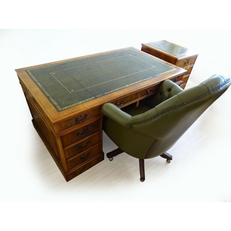 Large Yew Wood Pedestal Writing Desk+Military Cabinet+Directors Captain Chair