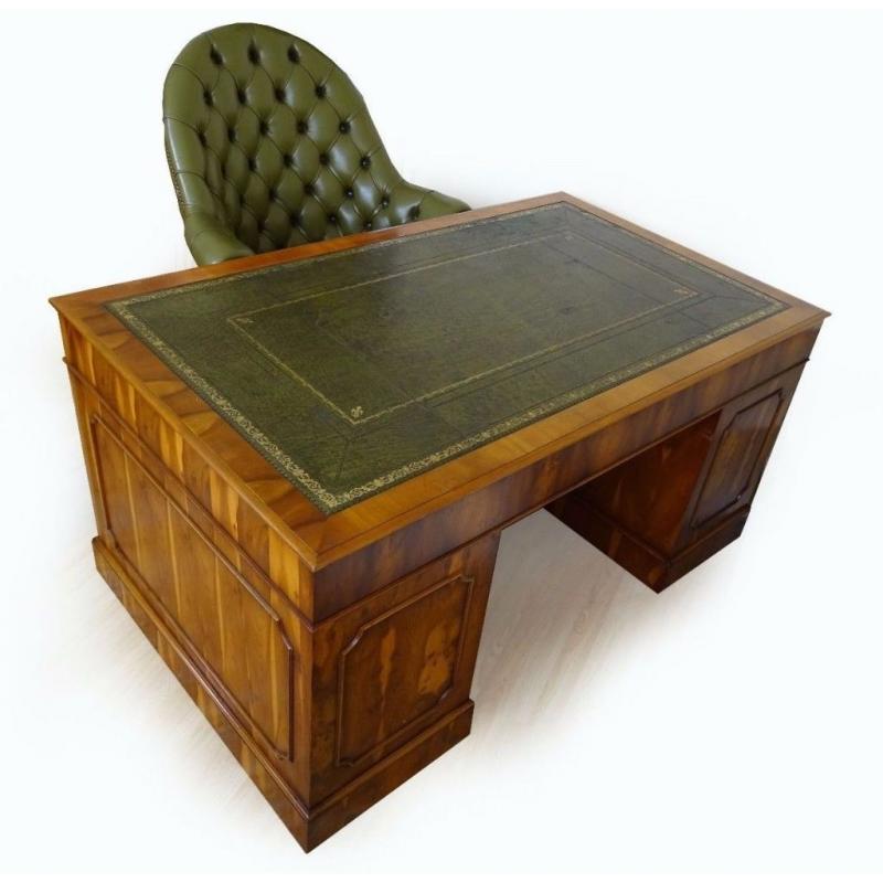 Large Yew Wood Pedestal Writing Desk+Military Cabinet+Directors Captain Chair
