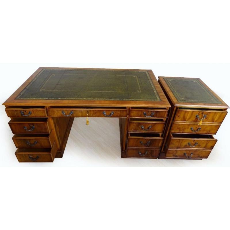 Large Yew Wood Pedestal Writing Desk+Military Cabinet+Directors Captain Chair