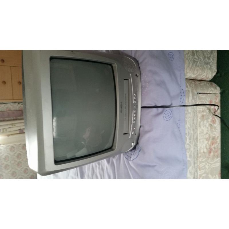 silver portable tv with video player built in