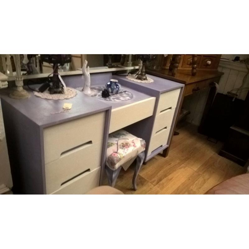 Stag Upcylced Dressing Table with Long Mirror Attached and 3-drawers either side of keyhole