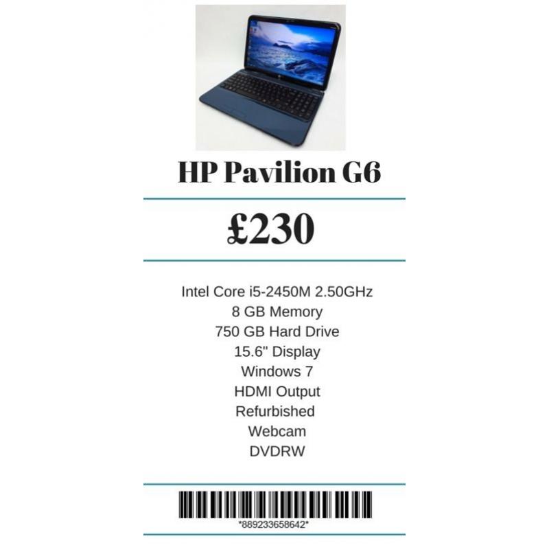 Refurbished HP Pavilion G6 Intel Core i5-2450M 2.50GHz 8 GB Memory 750 GB Hard Drive 15.6" Display