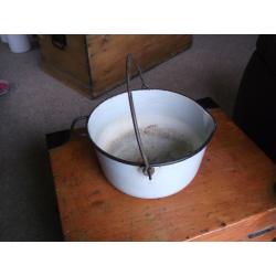 Vintage Pale blue/gray Enamel Jam Pan With Handle Kitchenalia Display/planter