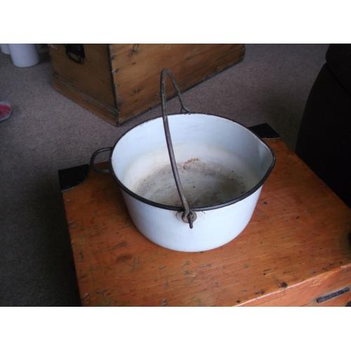 Vintage Pale blue/gray Enamel Jam Pan With Handle Kitchenalia Display/planter