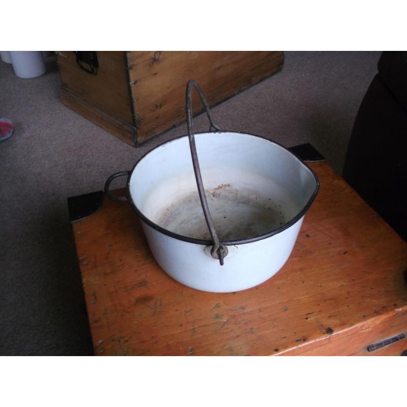 Vintage Pale blue/gray Enamel Jam Pan With Handle Kitchenalia Display/planter