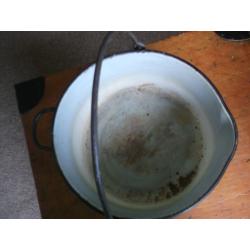 Vintage Pale blue/gray Enamel Jam Pan With Handle Kitchenalia Display/planter