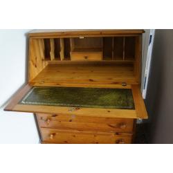 Solid Pine Bureau / Writing Desk with leather inlay