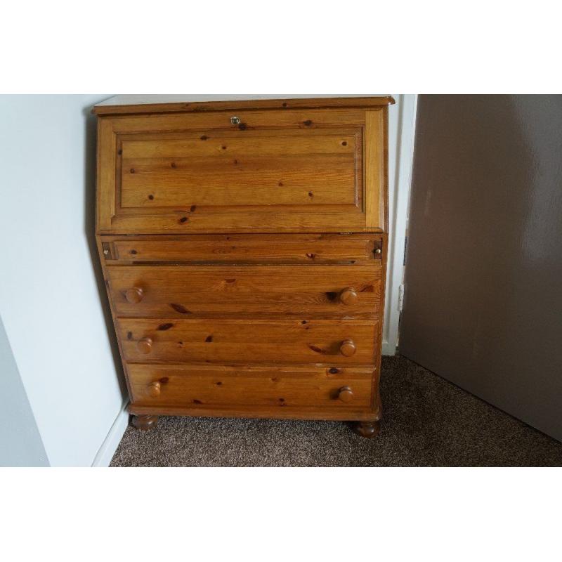 Solid Pine Bureau / Writing Desk with leather inlay