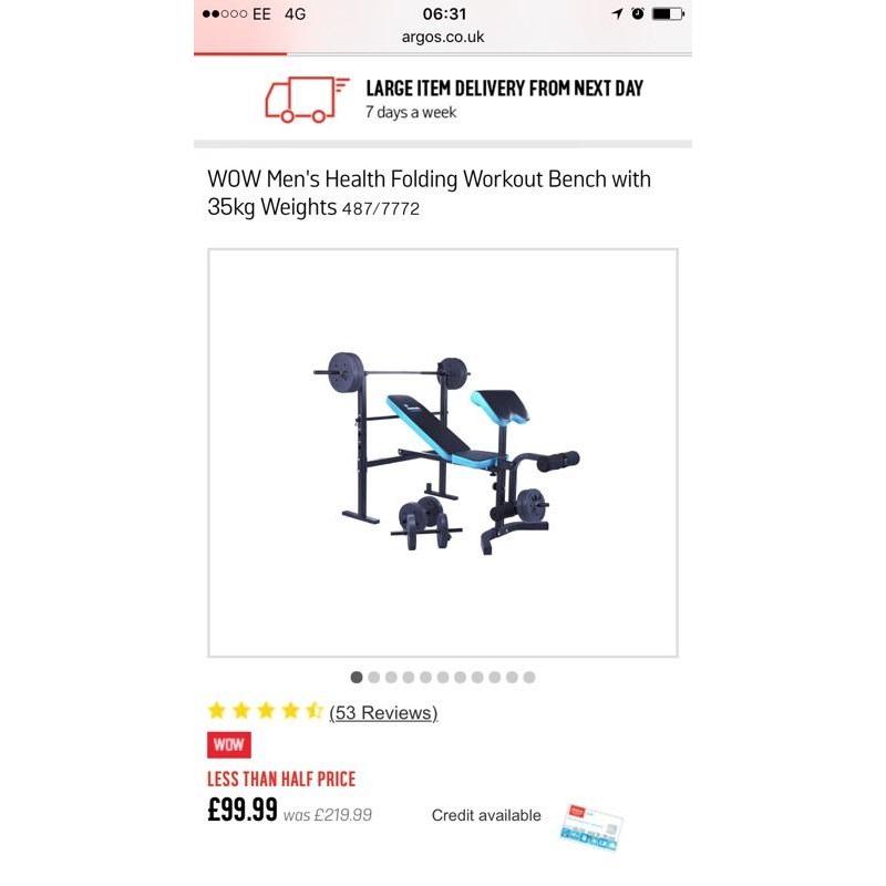 Men's Health Folding Workout Bench with 35kg Weights