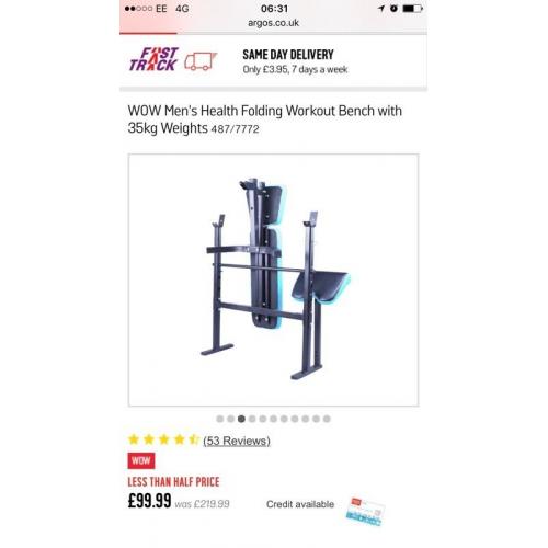 Men's Health Folding Workout Bench with 35kg Weights