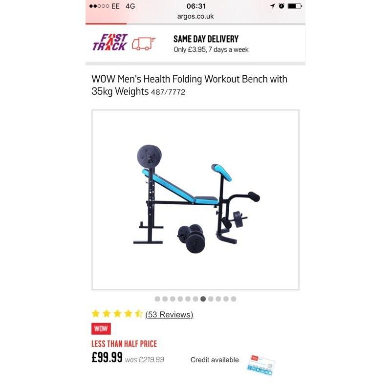 Men's Health Folding Workout Bench with 35kg Weights