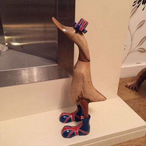 Handcarved and painted Union Jack wood duck familys