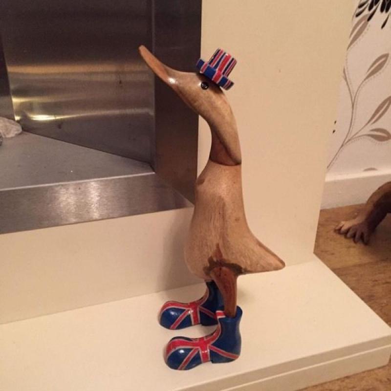 Handcarved and painted Union Jack wood duck familys