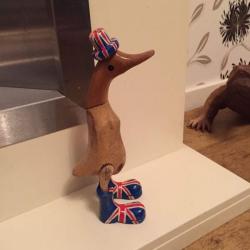 Handcarved and painted Union Jack wood duck familys