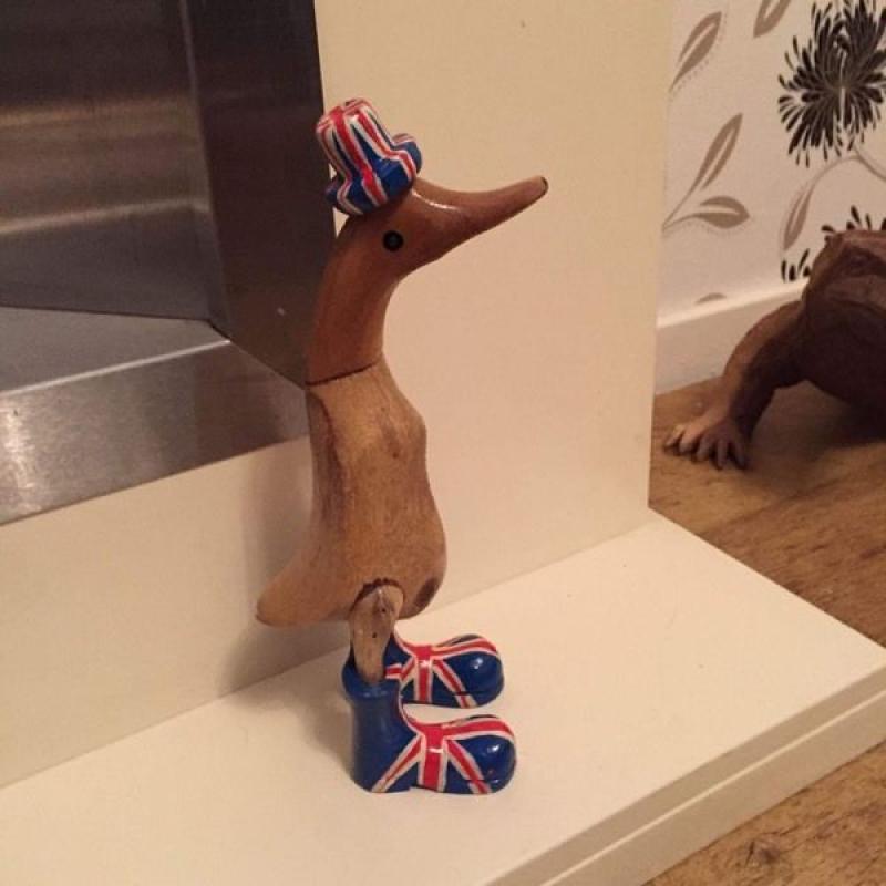 Handcarved and painted Union Jack wood duck familys