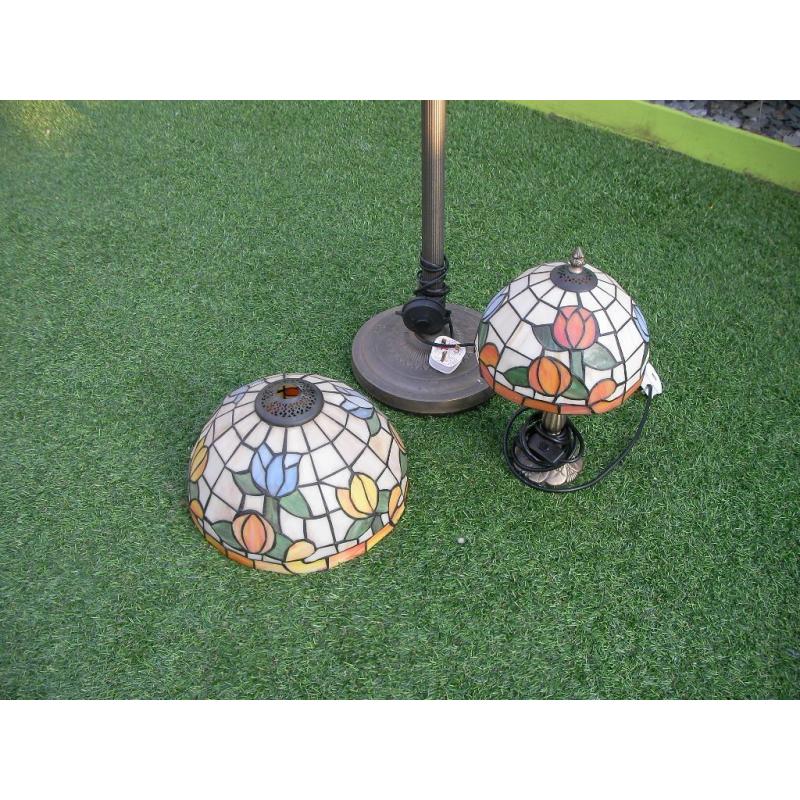 Tiffany style upright lamp, side lamp, and lamp shade.