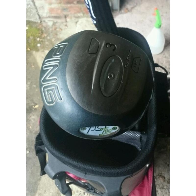 Ping Ti/Zrl + (Tisi tec) 3 wood. Stiff graphite shaft and new grip.
