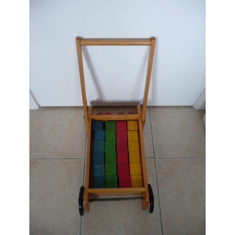 CHILDS TROLLEY AND WOODEN BRICKS