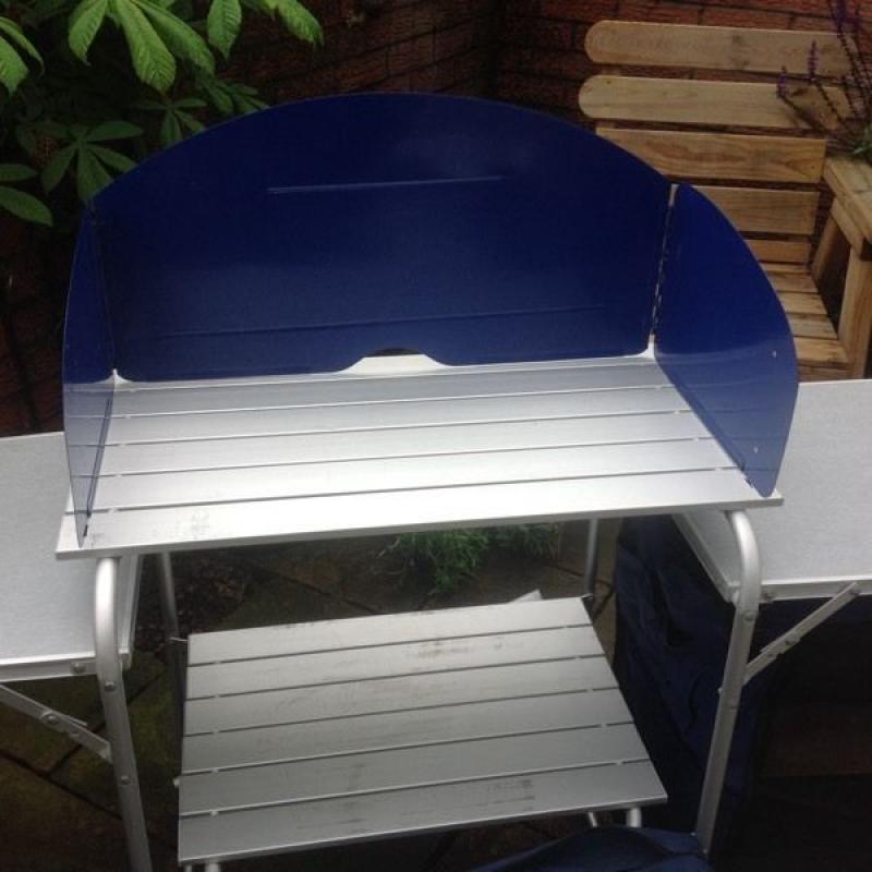 Camping Kitchen with Cupboard Storage and windshield