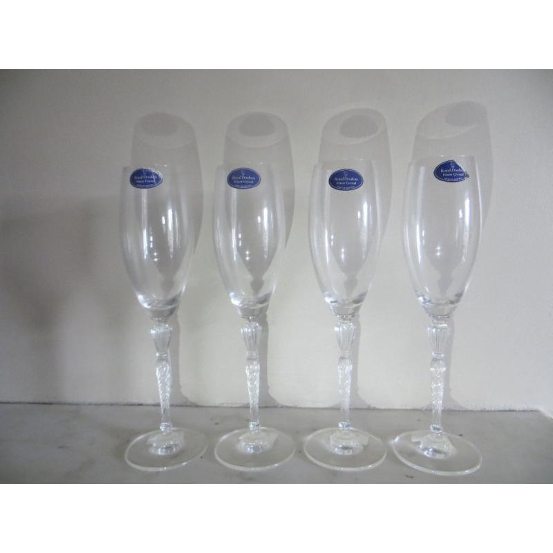 Set of 4 Royal Doulton Crystal Champagne Flutes Glasses Oxford Design