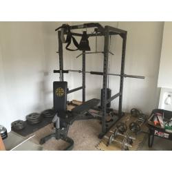 BodyMax Power Cage with Lat pull down attachment,100kg weight stack, Weight bench, bars and plates.