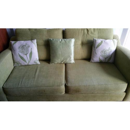 LUSH 2 YEAR OLD DFS PISTACHIO GREEN SOFA & MATCHING ARMCHAIR FOR SALE.