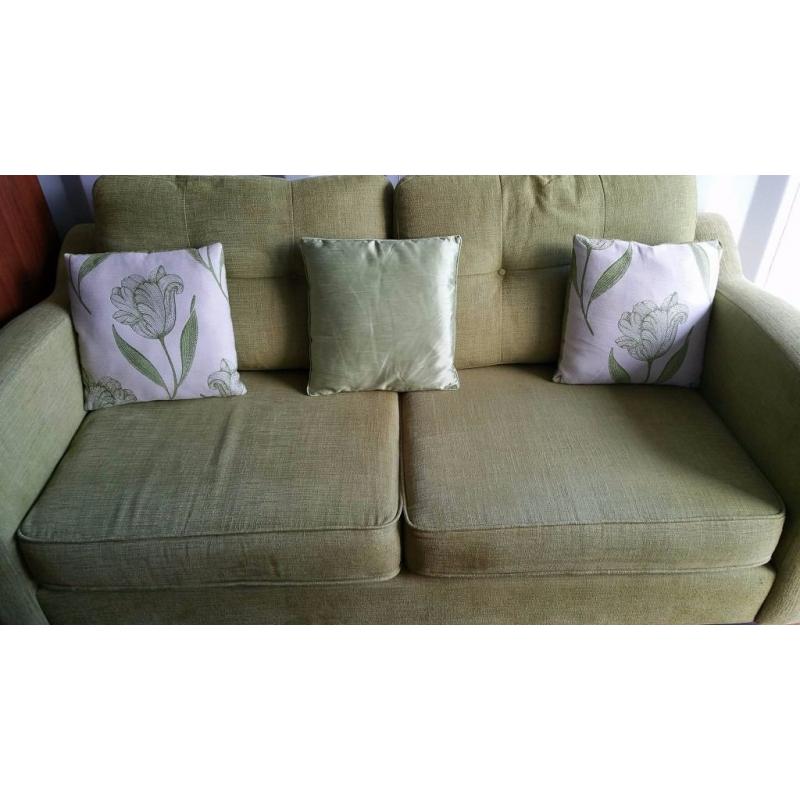 LUSH 2 YEAR OLD DFS PISTACHIO GREEN SOFA & MATCHING ARMCHAIR FOR SALE.