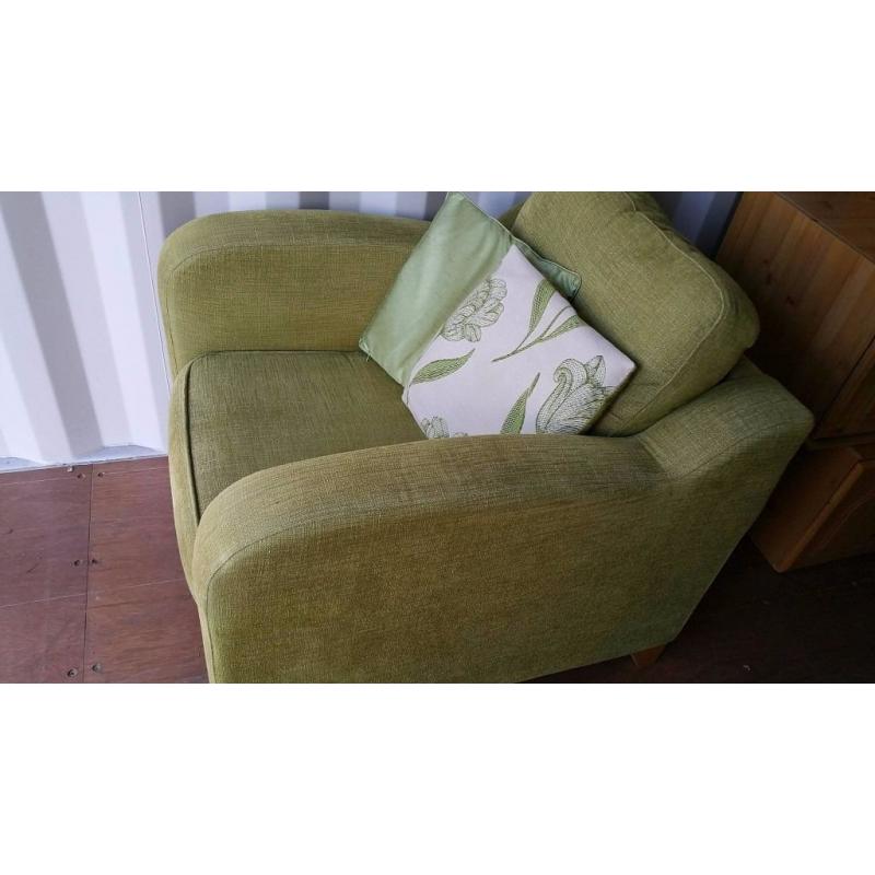 LUSH 2 YEAR OLD DFS PISTACHIO GREEN SOFA & MATCHING ARMCHAIR FOR SALE.