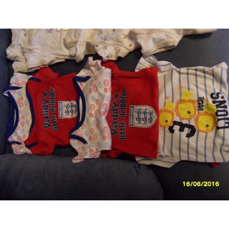 M&S 9-12 MONTHS BABY BOYS LONG & SHORT SLEEVE VESTS & SLEEPSUITS BUNDLE - FOOTBALL, SNOOPY & DISNEY