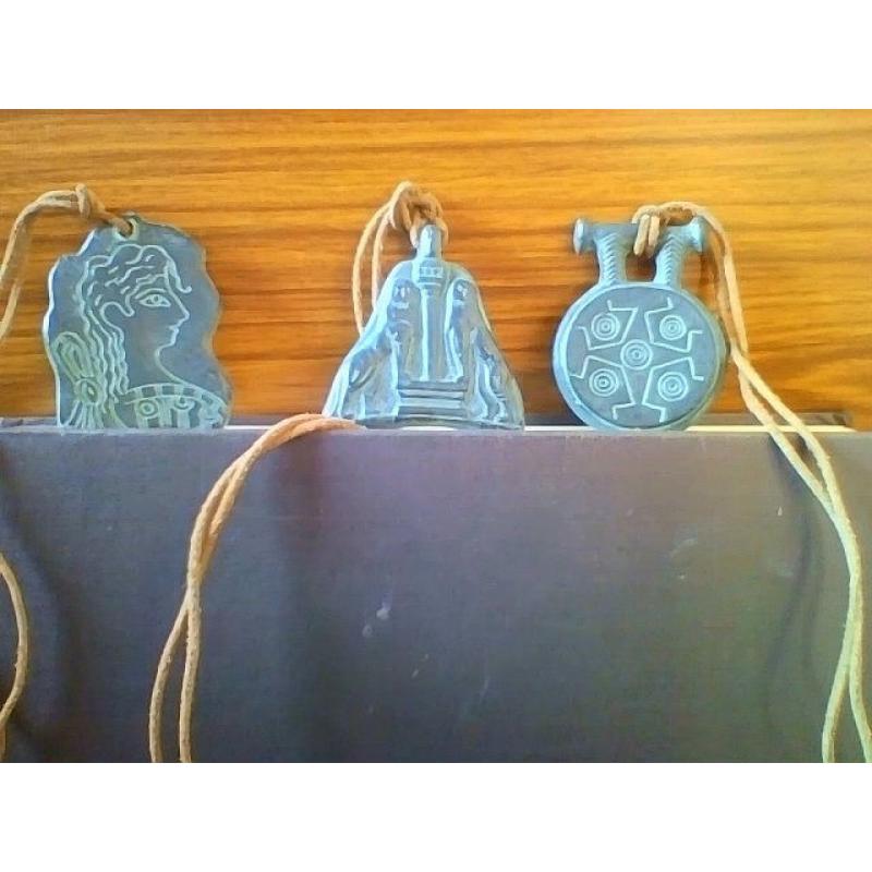 3 very unusual ceramic Minoan (Greek) pendants on adjustable leather thongs