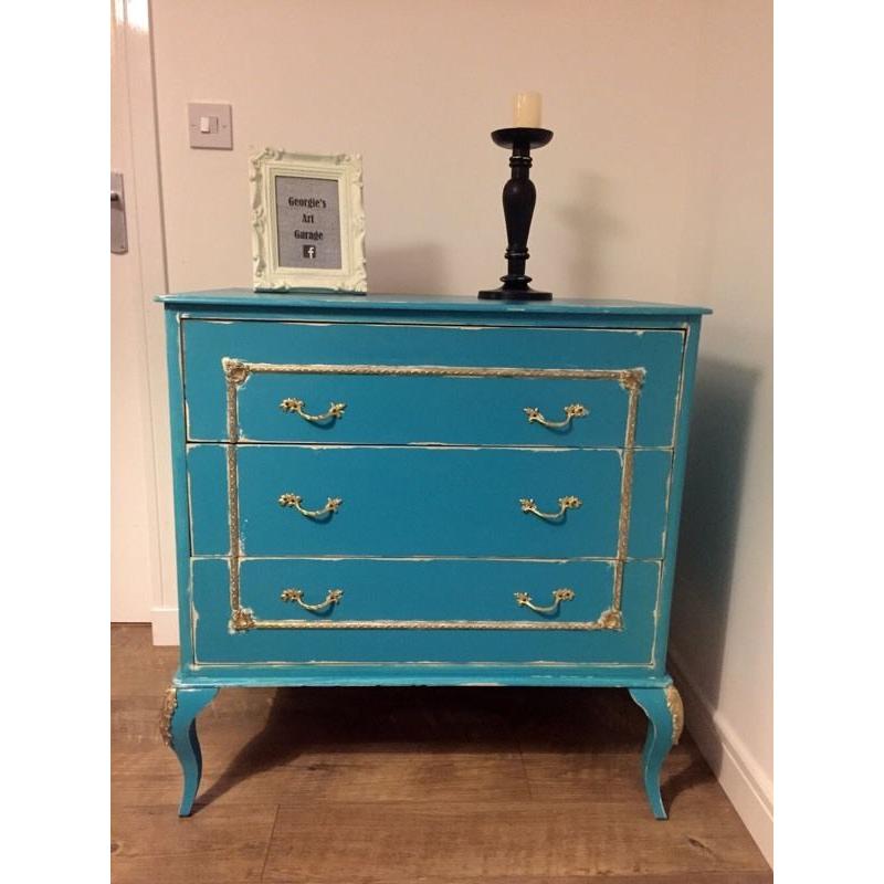 Unique French style chest of drawers, upcycled in chalk turqoise colour, slightly distressed