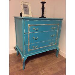 Unique French style chest of drawers, upcycled in chalk turqoise colour, slightly distressed
