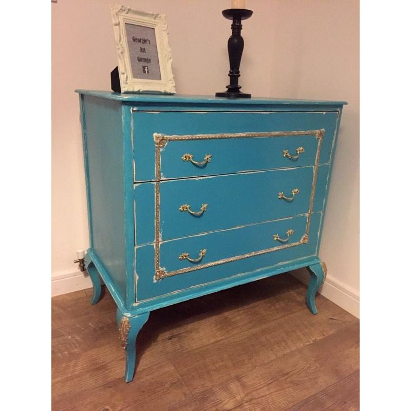 Unique French style chest of drawers, upcycled in chalk turqoise colour, slightly distressed