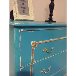 Unique French style chest of drawers, upcycled in chalk turqoise colour, slightly distressed