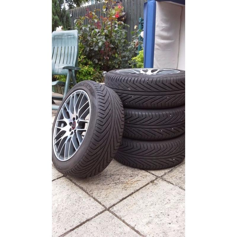 4 x ALLOY WHEELS AND TYRES. WOLFRACE 4X100 17"