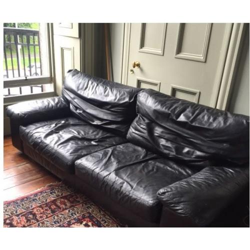 Large Black Leather Heals Sofa with broken cushion zips