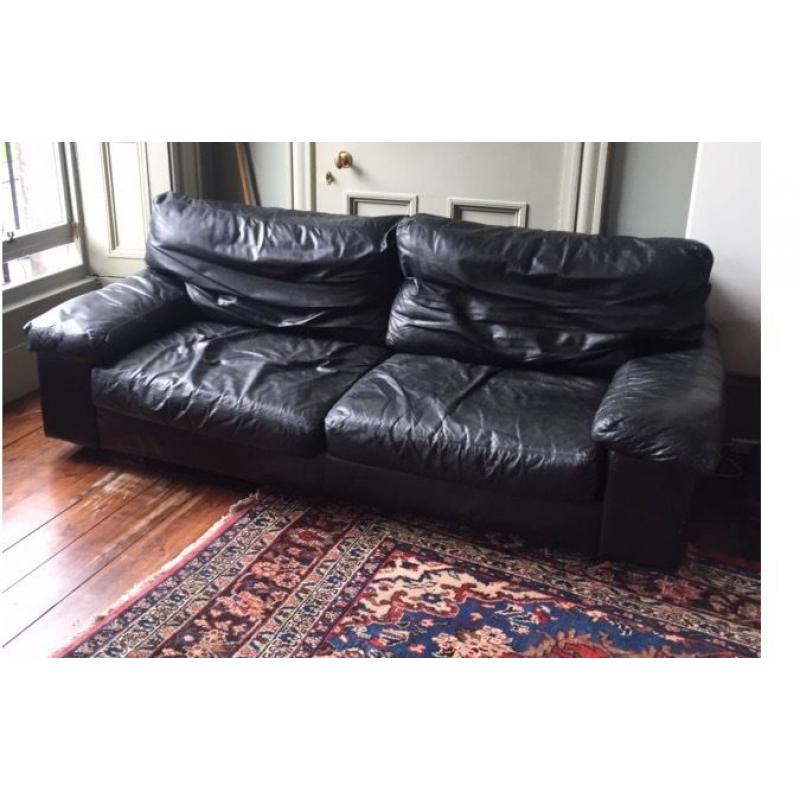 Large Black Leather Heals Sofa with broken cushion zips