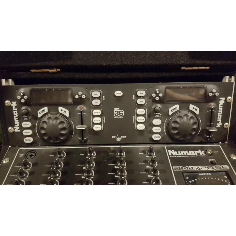 Numark CDN36 dual cd player, Numark DM1720SE and Citronic flight case