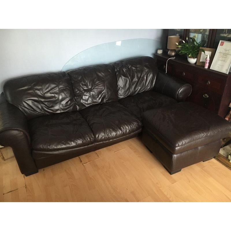 Chocolate leather 3 seater & footstool