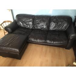 Chocolate leather 3 seater & footstool