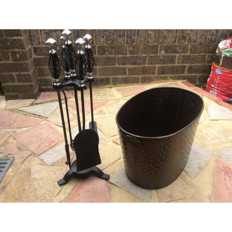 FIRE PLACE ACCESSORIES SET BLACK AND SILVER - Set Brush | Tongs | Shovel | Poker AND LOG BASKET