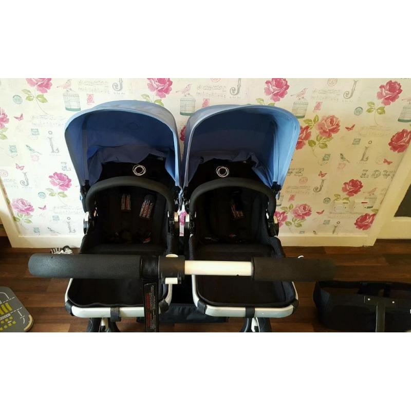 Bugaboo donkey duo with ice blue extendable hoods
