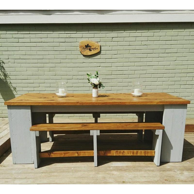 Garden table and benches in size shape and colour