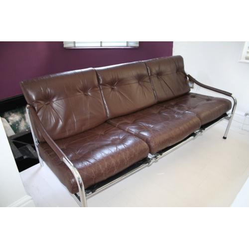 Stylish and Comfortable Vintage Retro Brown Leather & Chrome 3-Seat Pieff Sofa