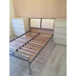 Chrome double bed frame & 2x chest drawers