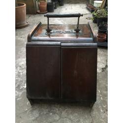 Antique wooden coal scuttle - lovely door mechanism