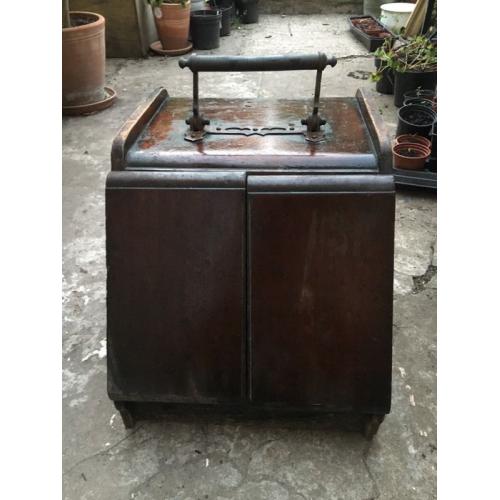 Antique wooden coal scuttle - lovely door mechanism